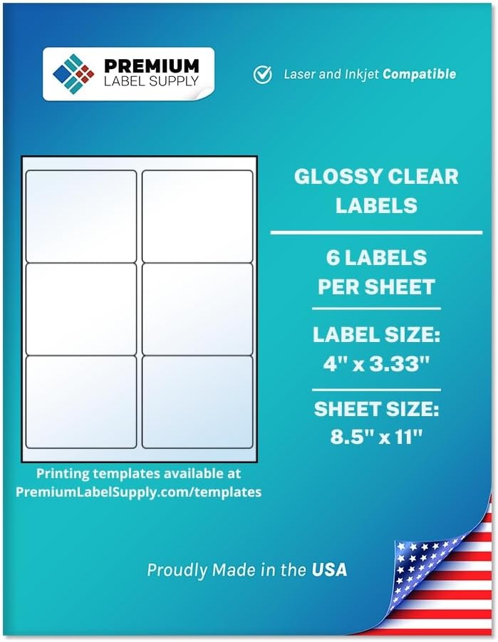 Premium Label Supply Glossy Clear Labels â 4" x 5" â Laser/Inkjet Compatible â (4 per Sheet), 25 Sheets â 100 Total Adhesive Labels