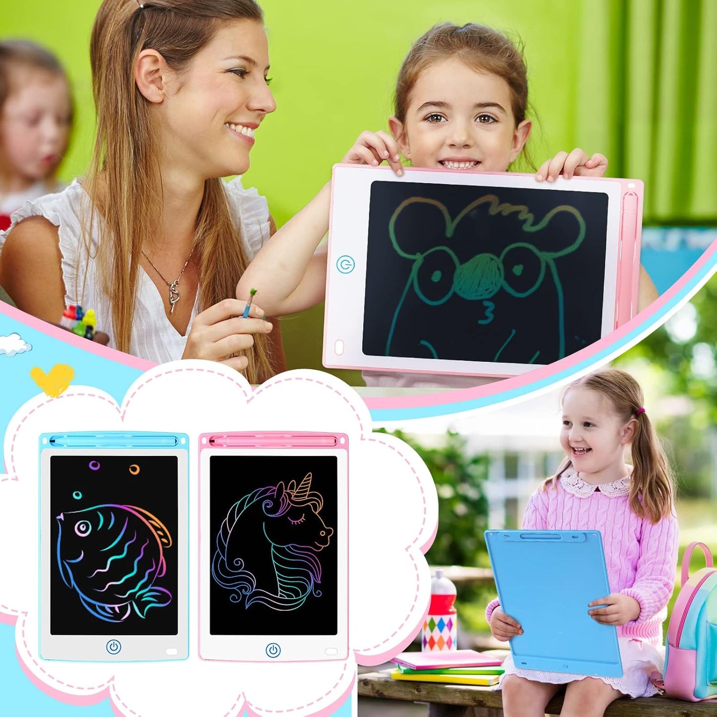 Zonon 4 Pcs LCD Writing Tablet 8.5 Inch Doodle Board Tablet Drawing Gifts LCD Writing Board Electronic Erasable Reusable Colorful Screen Pad(Light Blue, Light Red, White, Black)