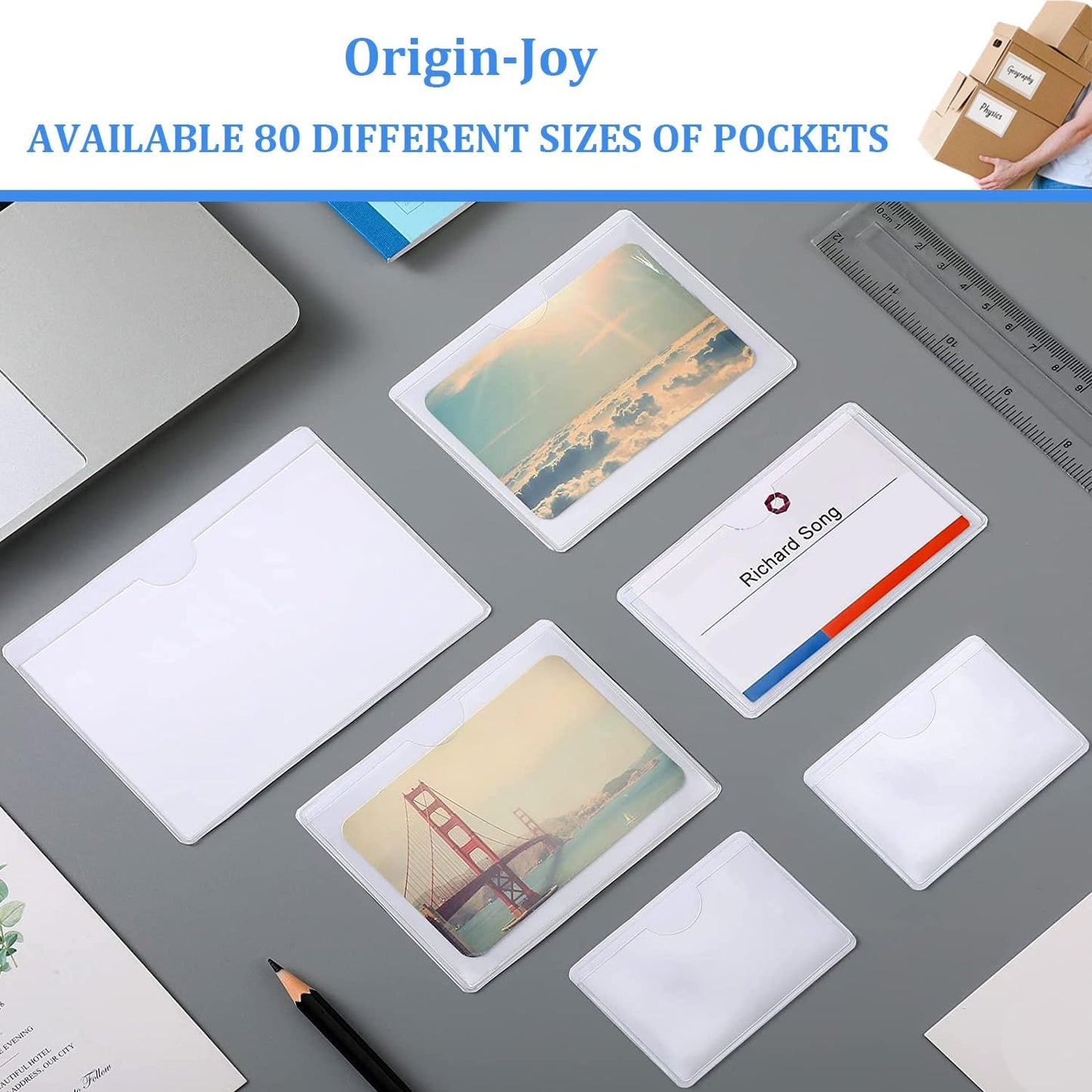 Origin-Joy 60 PCS Self Adhesive Index Card Pockets with Top Open, Clear Plastic Label Holder for Notes, Library and Business, Adhesive Label Pockets & Card Holder (3.5 x 1.75 inch)