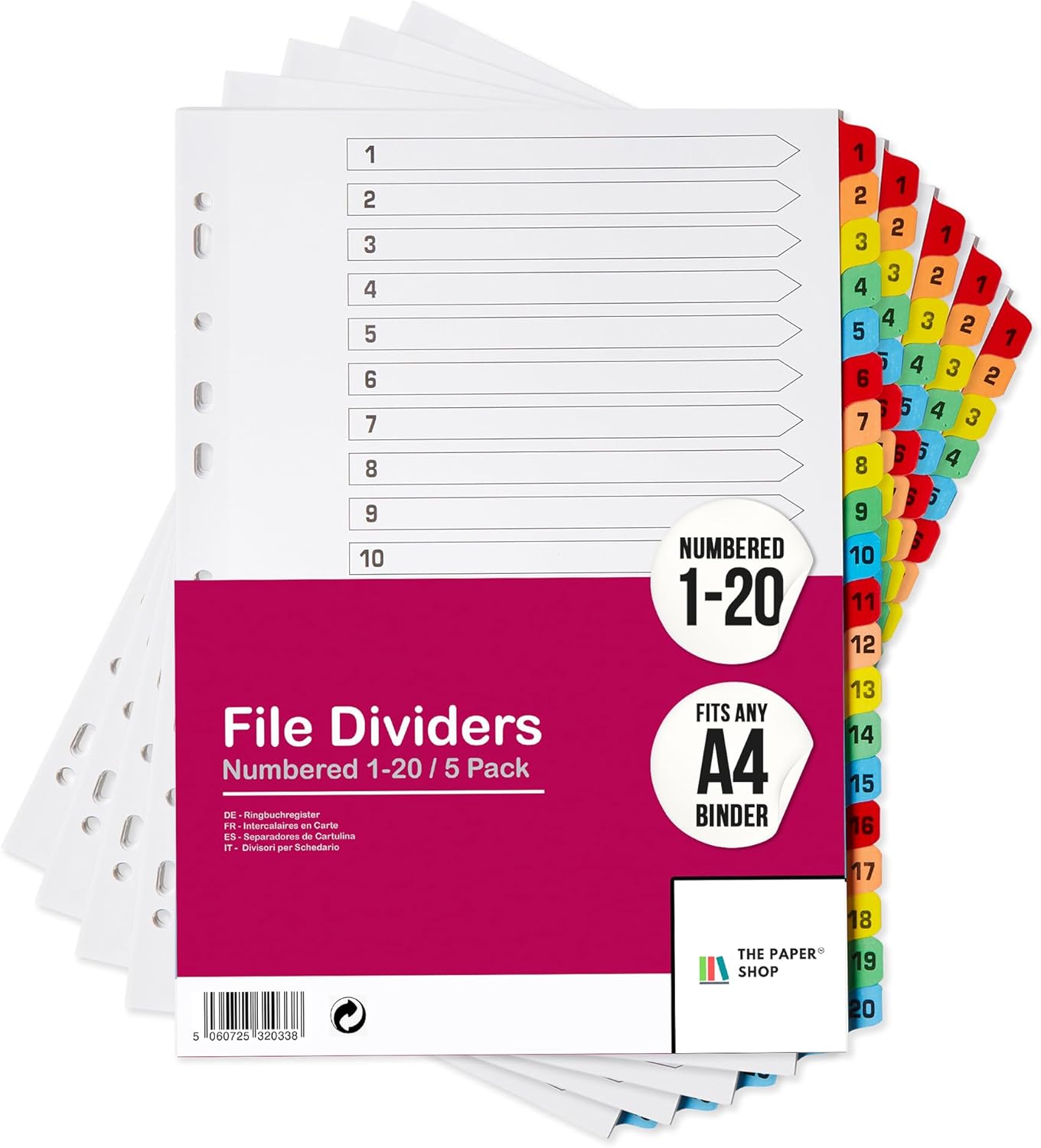 Binder Dividers with Tabs 1-20 Numbered â A4 (5 Pack) | Dividers for 3 Ring Binder | Numbered Tab Dividers for Office, School & Home Organization - The Paper Shop