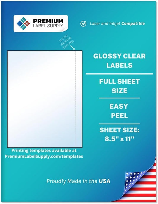 Premium Label Supply Full Sheet Glossy Clear Labels â 8.5" x 11" â Laser/Inkjet Compatible â 500 Sheets - Letter Size