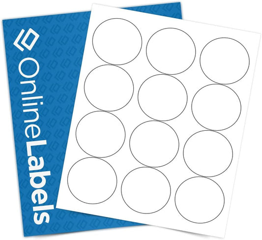 2.5" Round Labels - Permanent Adhesive, White Matte - Great for Candle and Jar Lids, Products, Favor Labels - Pack of 1,200 Circle Stickers, 100 Sheets - Inkjet/Laser Printers, OL350WX, OnlineLabels