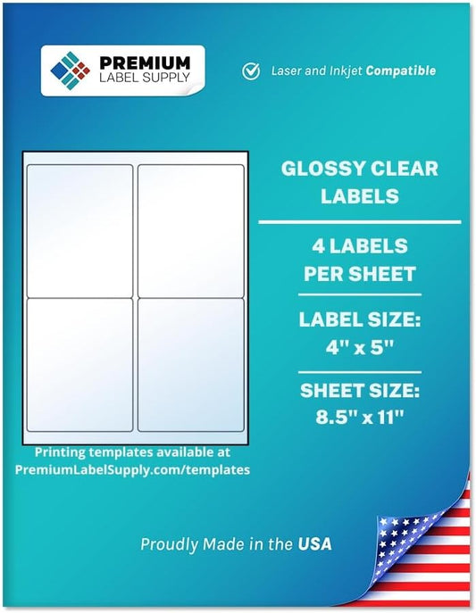 Premium Label Supply Glossy Clear Labels â 4" x 5" â Laser/Inkjet Compatible â (4 per Sheet), 1000 Sheets â 4,000 Total Adhesive Labels