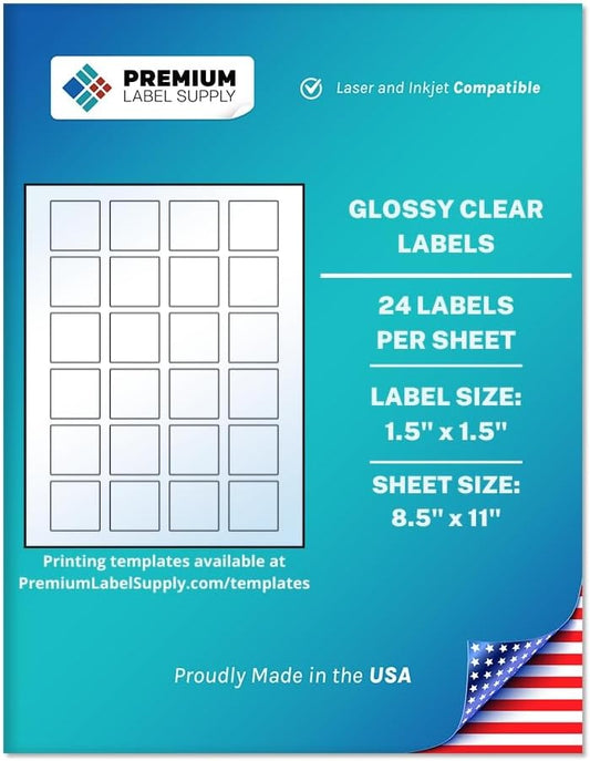 Premium Label Supply Glossy Clear Sticker Square Labels â 1.5" x 1.5" â Laser/Inkjet Compatible â (24 per Sheet), 500 Sheets â 12,000 Total Adhesive Labels