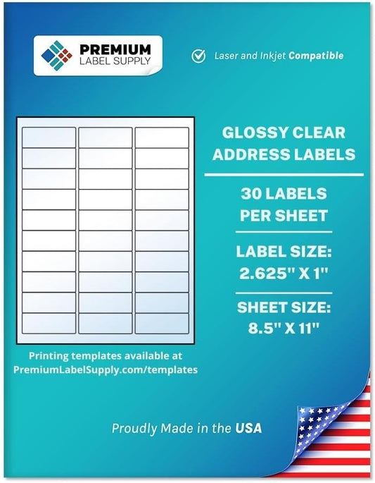 Premium Label Supply Glossy Clear Address Labels â 2.625" x 1" â Laser/Inkjet Compatible â (30 per Sheet), 500 Sheets - 15,000 Total Adhesive Labels