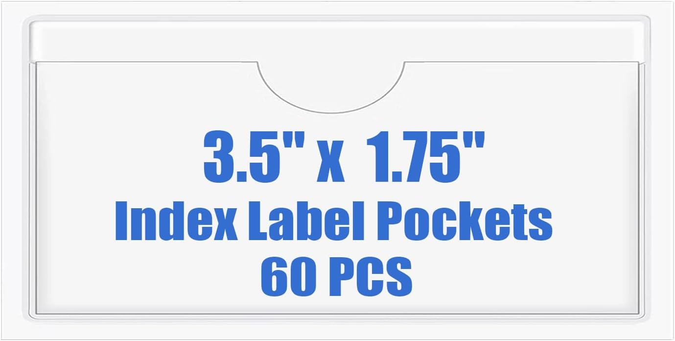 Origin-Joy 60 PCS Self Adhesive Index Card Pockets with Top Open, Clear Plastic Label Holder for Notes, Library and Business, Adhesive Label Pockets & Card Holder (3.5 x 1.75 inch)