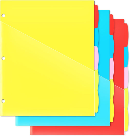 5 Tabs Plastic Dividers with 2 Clear Pockets - 6 Sets, Pocket Dividers for 3-Ring Binders, Multi-Color Binder Dividers, Total 30 Tabs