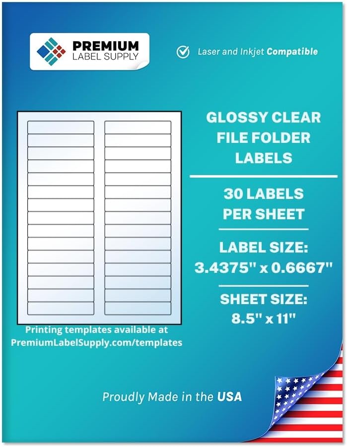 Premium Label Supply Glossy Clear File Folder Labels â 3.4375" x 0.6667" â Laser/Inkjet Compatible â (30 per Sheet), 10 Sheets â 300 Total Adhesive Labels