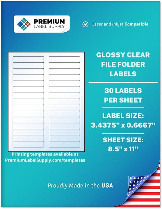 Premium Label Supply Glossy Clear File Folder Labels â 3.4375" x 0.6667" â Laser/Inkjet Compatible â (30 per Sheet), 100 Sheets â 3,000 Total Adhesive Labels