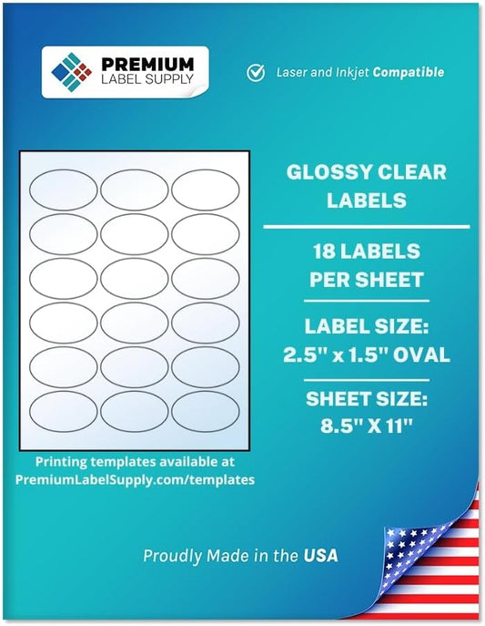 Premium Label Supply Glossy Clear Sticker Oval Labels â 2.5" x 1.5" Oval â Laser/Inkjet Compatible â (18 per Sheet), 100 Sheets â 1,800 Total Adhesive Labels