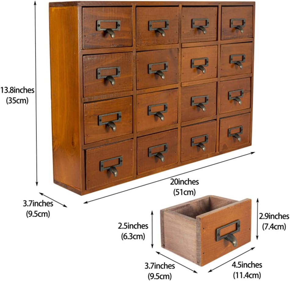 16 Drawers Apothecary Cabinet with Drawers Tabletop Apothecary Chests and Cabinets Library Card Catalog Cabinet Herb Storage Box Wooden Desk Drawer Organizer Medicine Vintage Furniture(BROWN)