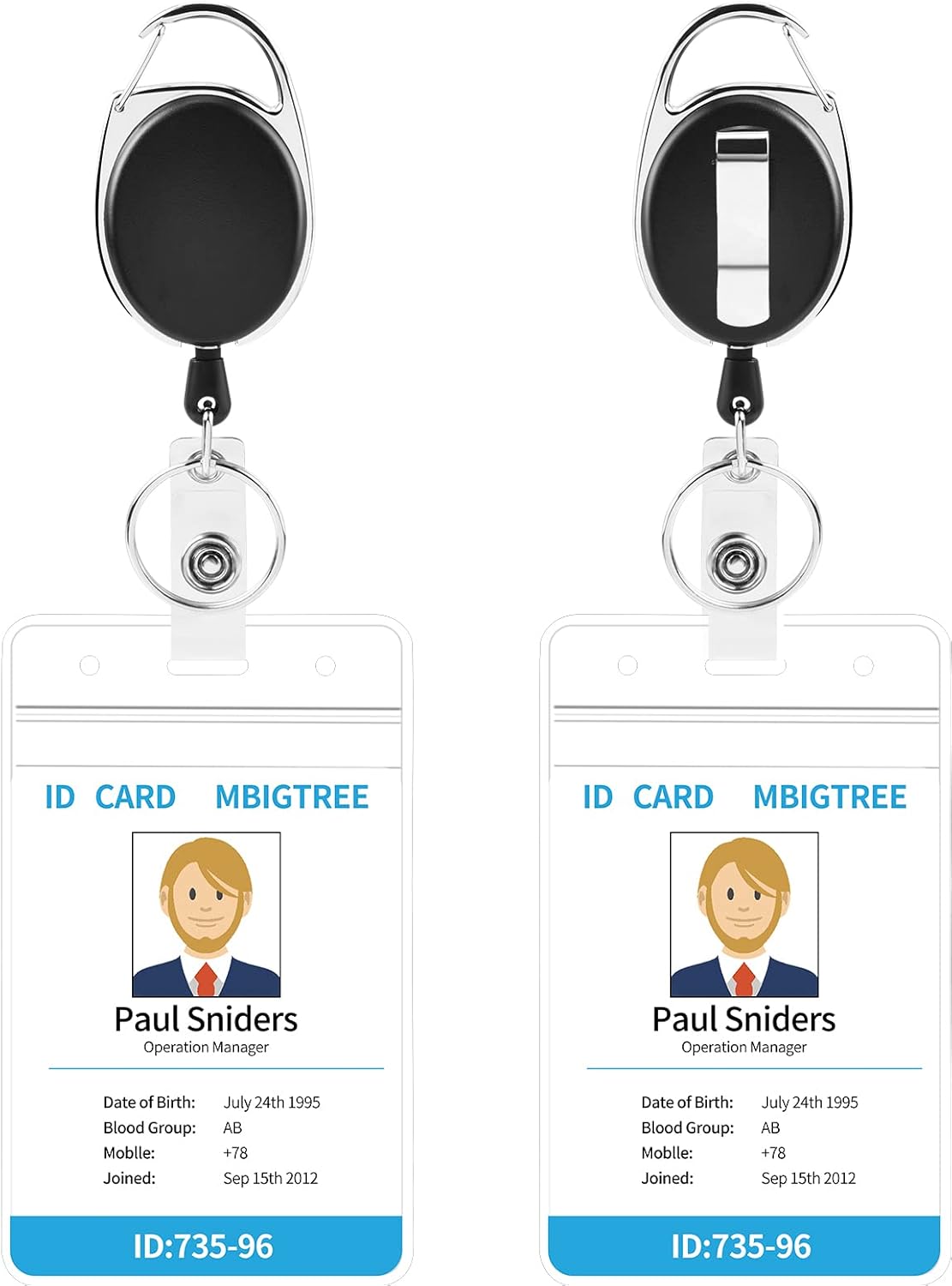 2 Pack ID Badge Holder,Badge Holder Retractable Clip with Carabiner Reel Clip and Key Ring for Men and Women