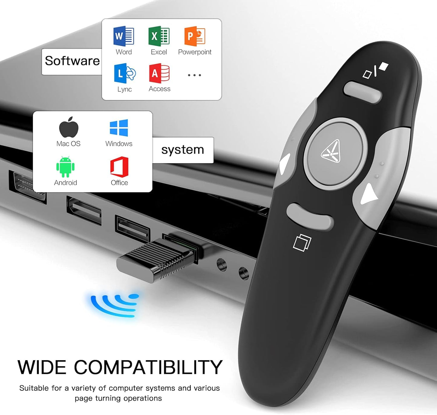 QUI Presentation Clicker Wireless Presenter Remote Clicker for PowerPoint Presentation Remote, PowerPoint Slide Advancer for Mac/Windows/Linux, Google Slide/PPT/Keynote, USB, Black