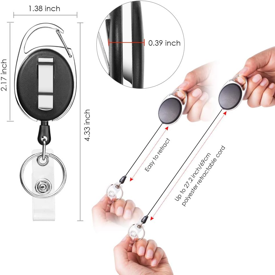 Retractable Badge Holder with Carabiner Reel Clip and Key Ring for ID Card Key Keychain Holders Black 10 Pieces by Moever
