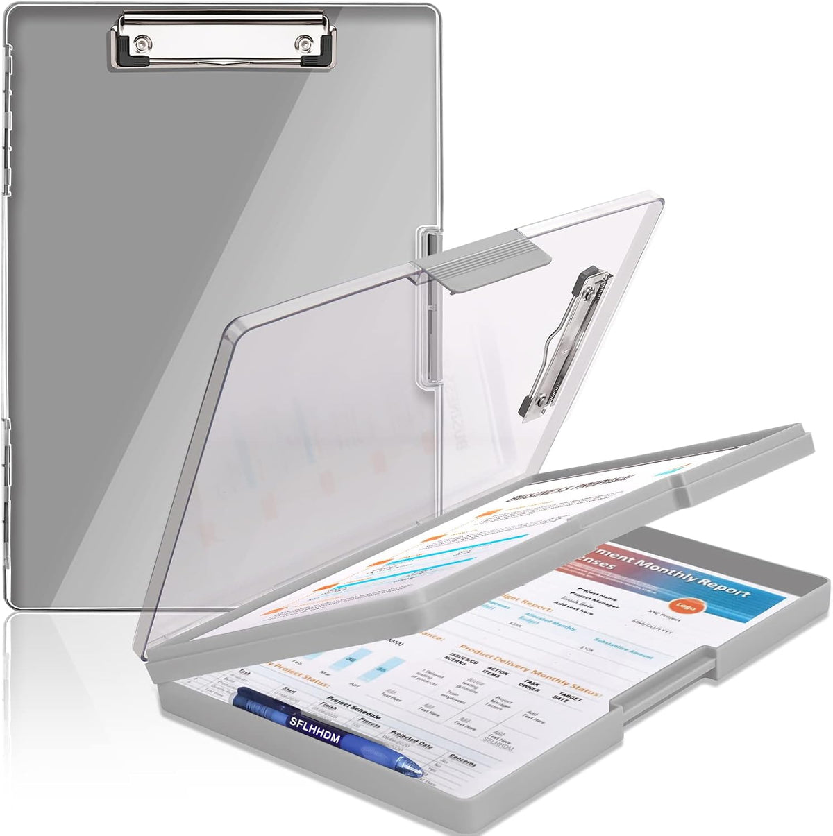 Clipboard with Storage,Heavy Duty Clip Boards 8.5x11 with 2 Storage Case,Clear Visible Top Panel Storage Clipboards,Side Opening Clip Boards,Nursing Clipboard Folder Case for Office Supplies-Gray