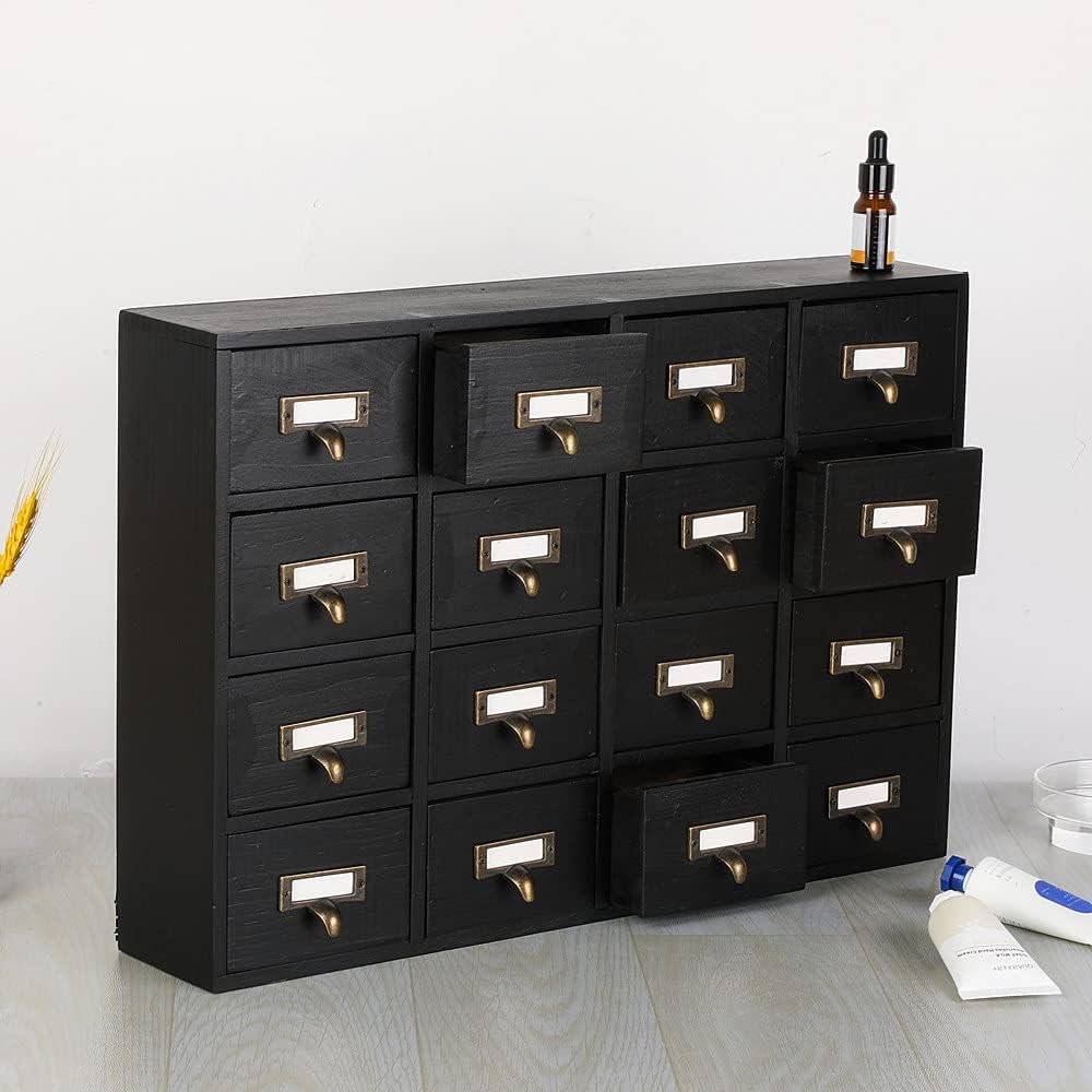 16 Drawers Apothecary Cabinet with Drawers Tabletop Apothecary Chests and Cabinets Library Card Catalog Cabinet Herb Storage Box Wooden Desk Drawer Organizer Medicine Vintage Furniture(BLACK)