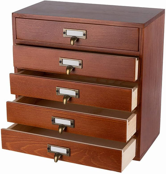 Desktop Drawer Organizer - Wooden Card Catalog Cabinet with Small Drawers - Vintage Rustic Desk Organizer (S-BROWN)