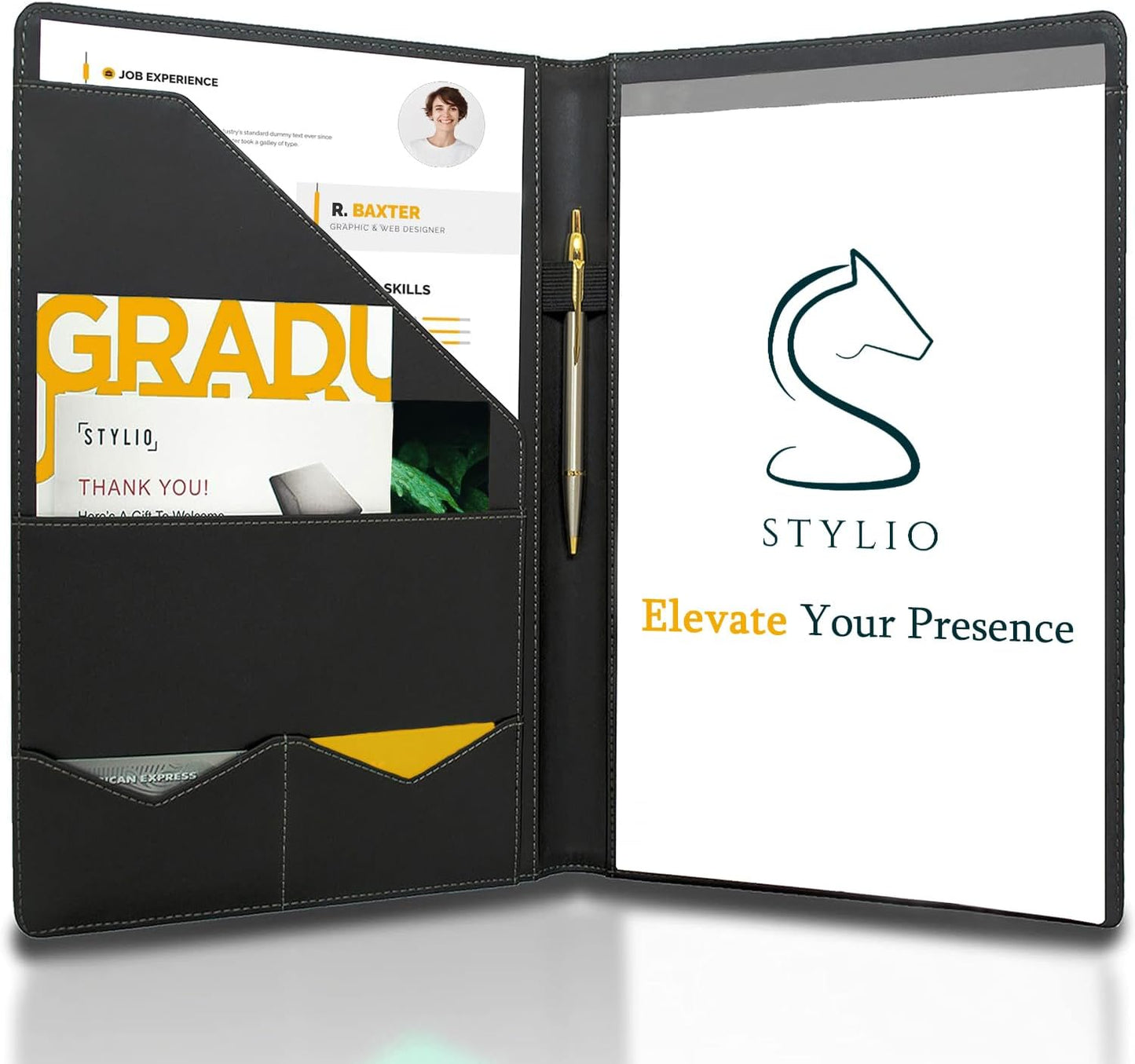 STYLIO Padfolio Portfolio Organizer Binder | Interview Resume Folder, Legal Document, Business Card Holder |w/Letter-Sized Notepad | Handsome Piano Noir Faux Leather Folio Matte Finish, Accent Stitch