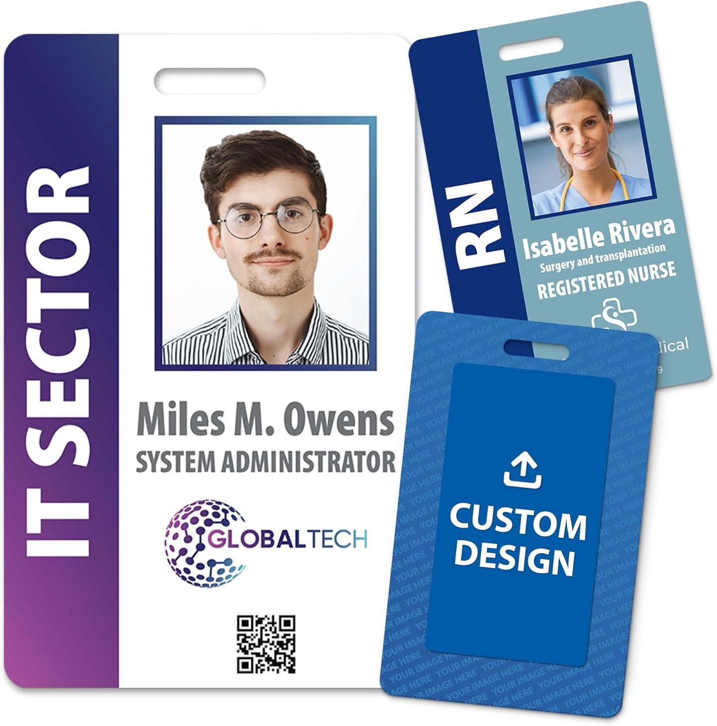 Custom Print Employee ID Badge with Vertical Side Text, Double Sided Print with Name, Photo, Logo, and Barcode â Unique Photo ID Card Solution (ID Vertical)