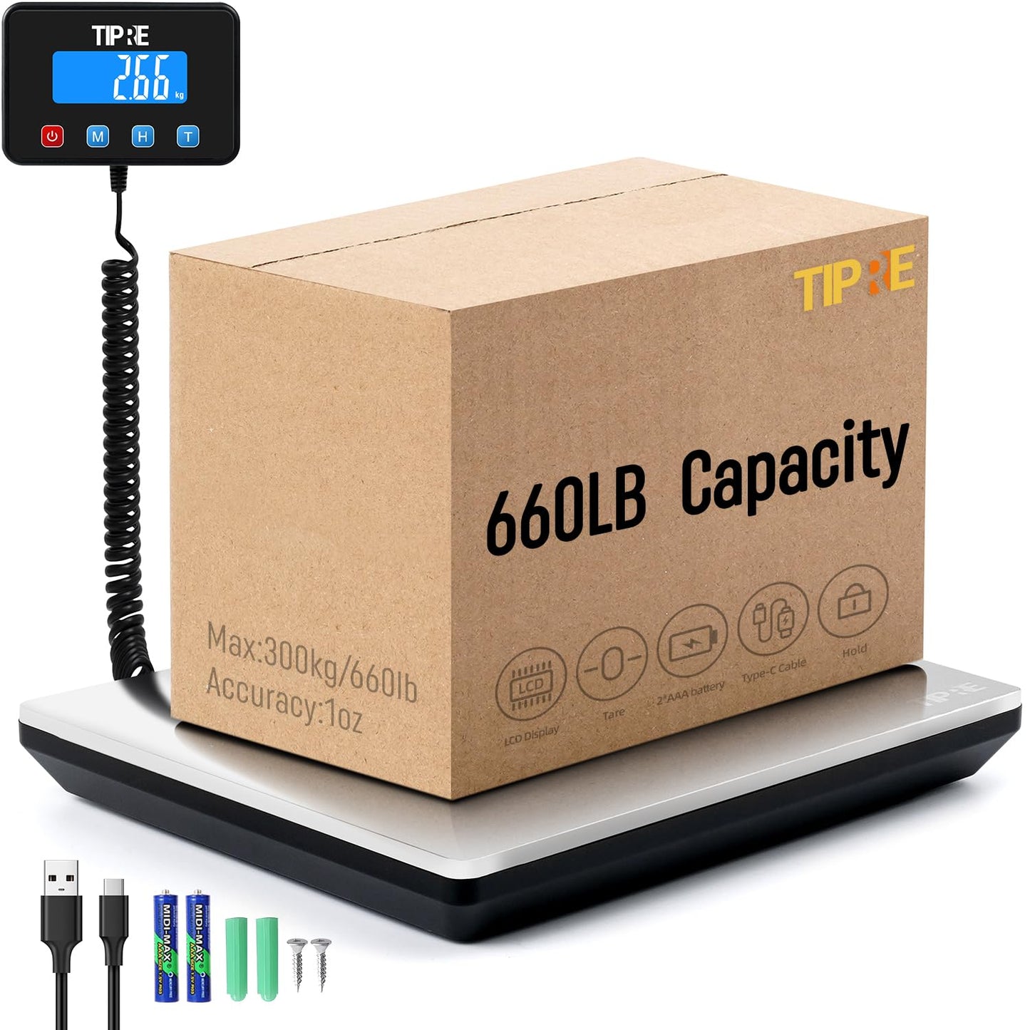 Digital Shipping Postal Scale 660lb/1oz Accuracy! Heavy Duty Postage Scale Extra-Large Capacity Stainless Industrial Scale for Small Business, Warehouse, Home, Battery&Charging Cable Included