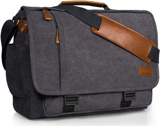 ESTARER Computer Messenger Bag 15-15.6 inch, Water-resistant Canvas Work Bag Briefcase, Laptop ShoulderSatchel with Buckles, Grey