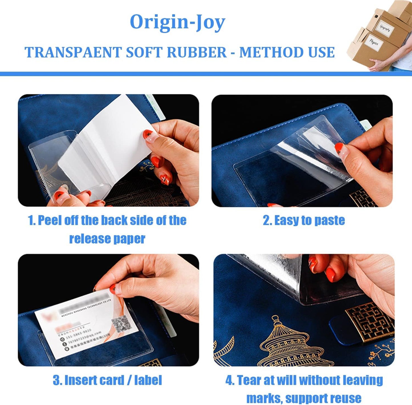 Origin-Joy 60 PCS Self Adhesive Index Card Pockets with Top Open, Clear Plastic Label Holder for Cards of Note, Library and Business, Adhesive Label Pockets & Card Holder (2 x 5.25 inch)
