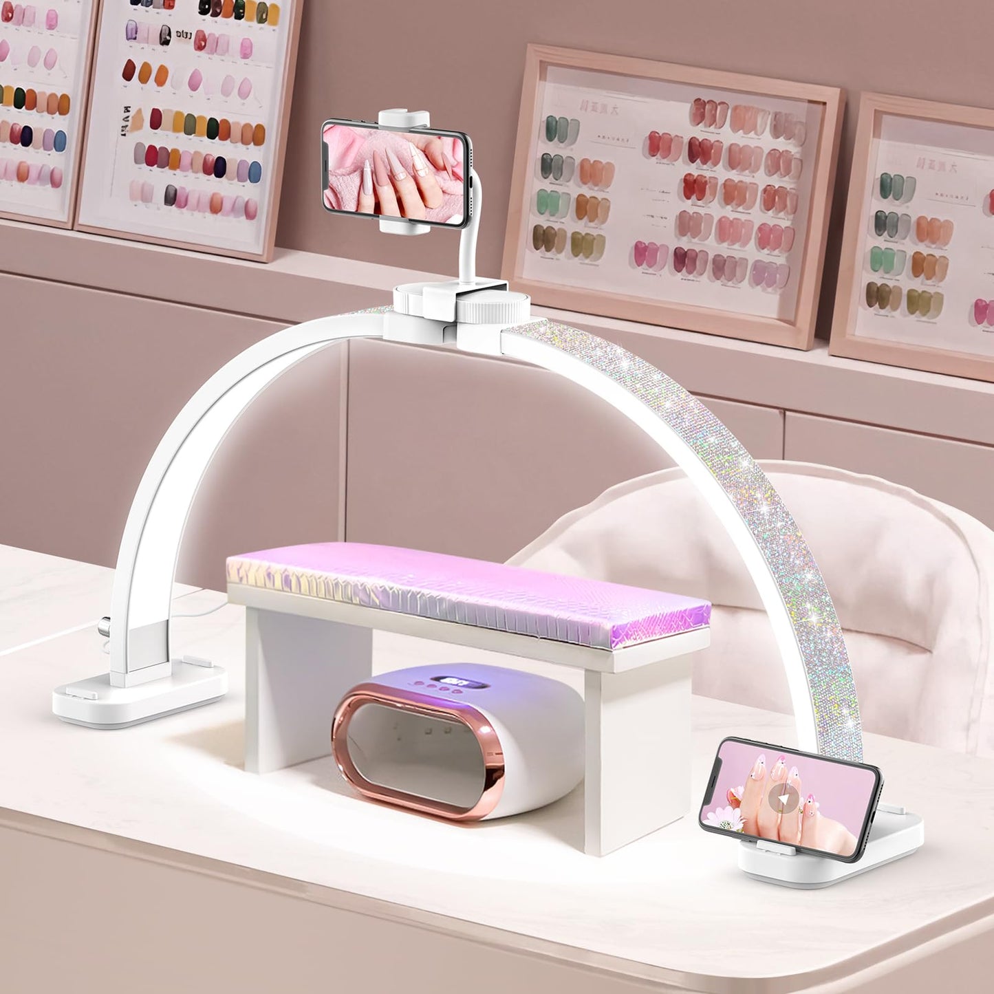 LIONVISON Half Moon Light for Nail Desk - 31-inch, 48W, Aluminum, White, Model 0002, Includes Phone Holder for Nail Tech, Makeup, Tattoo