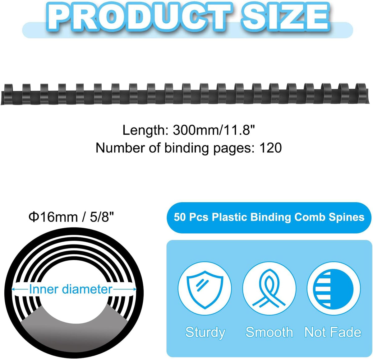 PATIKIL 16mm (5/8") Plastic Binding Combs, 50 Pcs 21 Rings Comb Binding Spines 120 Sheet Capacity Letter Size for Binding Paper Sheets Notebook Calendar Picture Album, Black