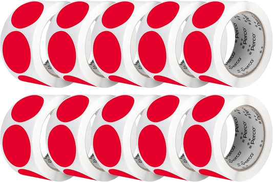 Perco Red 2-Inch Perforated Circle Dot Sticker Labels — 10 Rolls, 5,000 Round Stickers — with Permanent Adhesive for Organizing, Color Coding, Bin Labeling, Packaging Alerts—Made in USA
