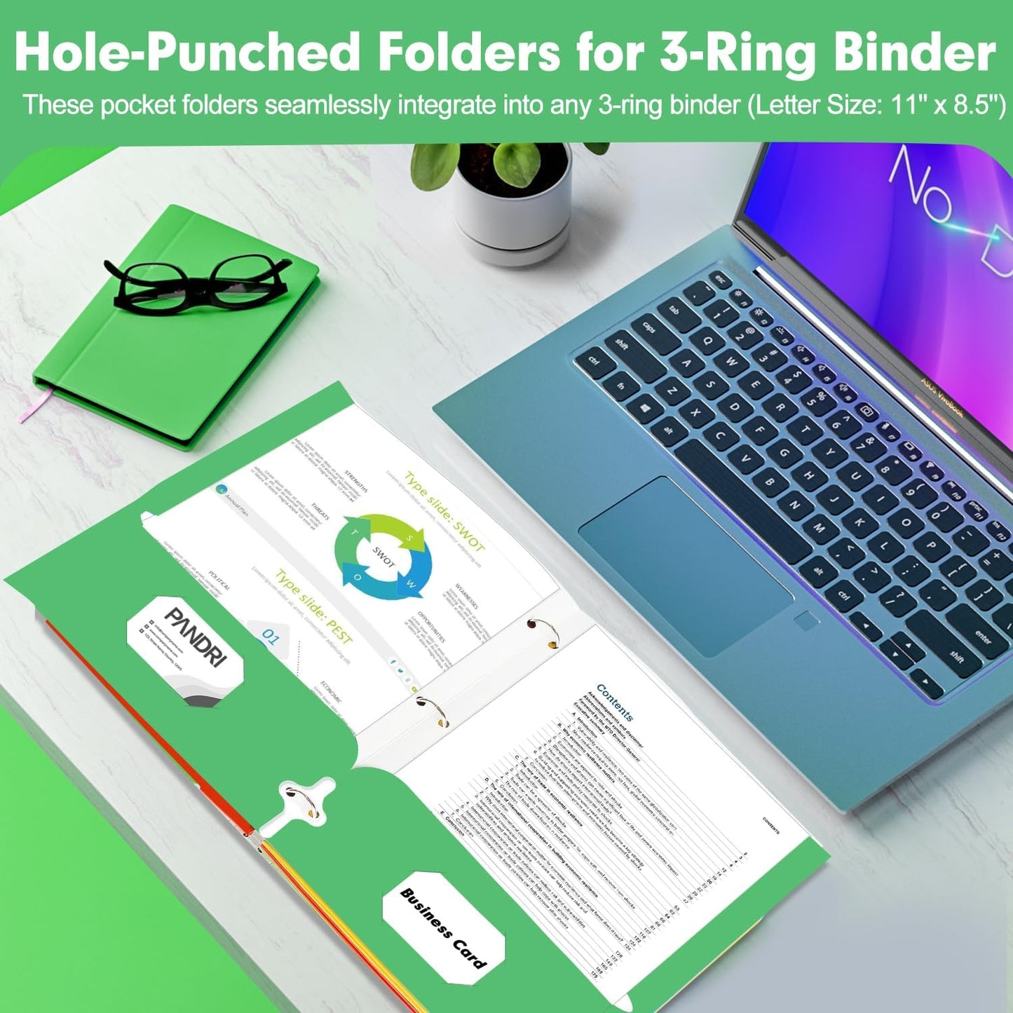 Two Pocket Portfolio Folders, PANDRI 60 Pack 3 Hole Punched 2 Pocket Folders for 3 Ring Binder, Letter Size Paper File Folder for School Office Home Business, Green