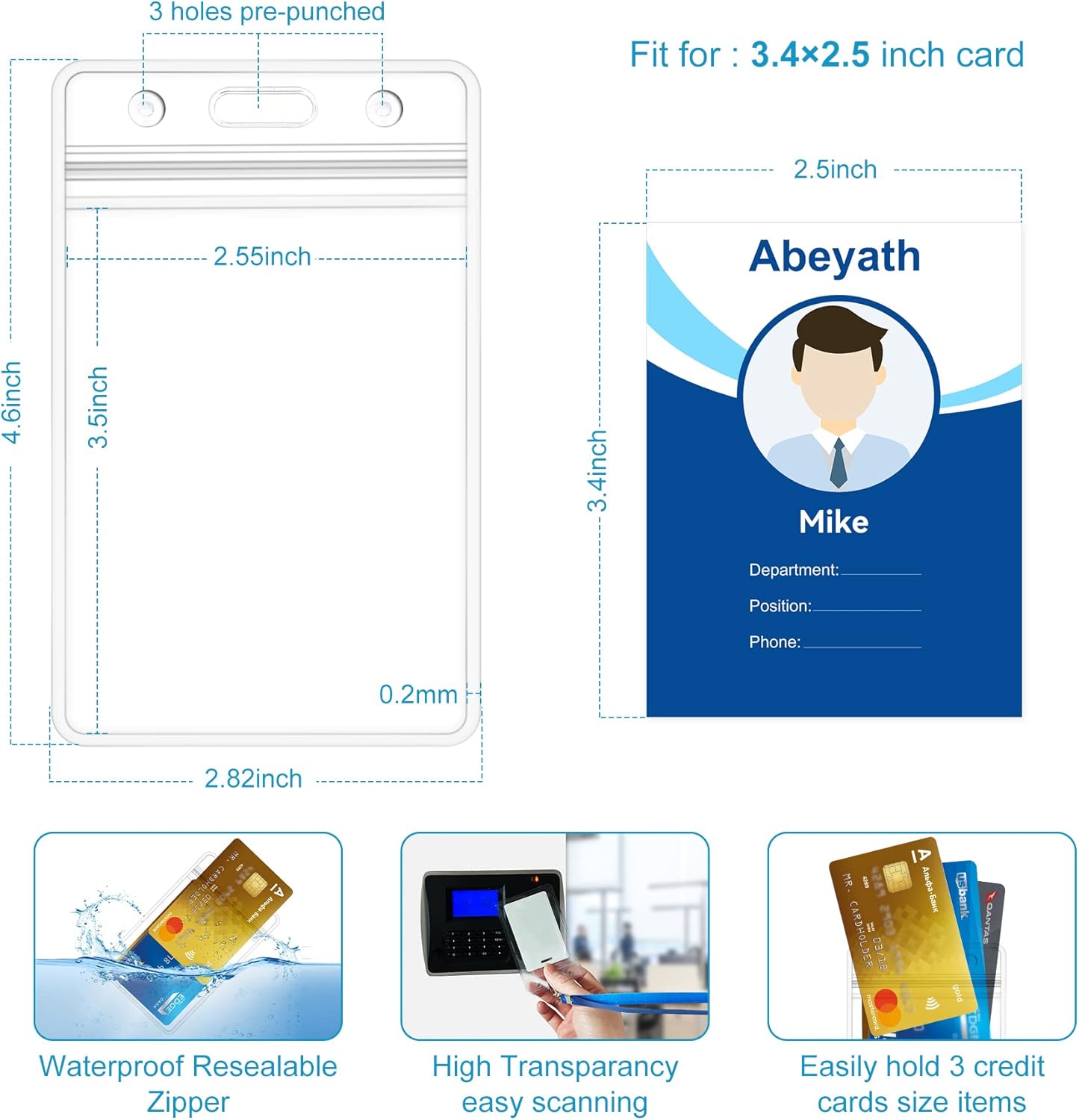 50Pack Extra Thick ID Card Name Badge Holder Heavy Duty Waterproof Clear Plastic PVC Vertical Sleeve Pocket Resealable 4.6x3.82inch