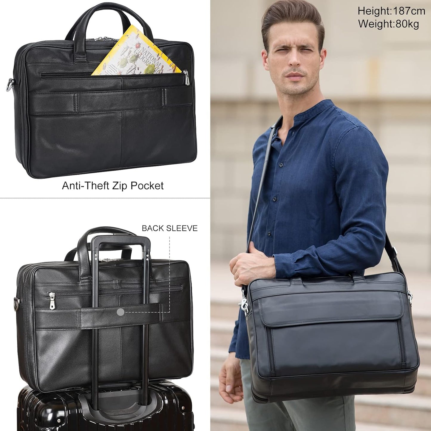 Masa Kawa Leather Briefcase for Men 15.6", 17" Laptop Computer Case Business Travel Work Messenger Cross Body Shoulder Bag