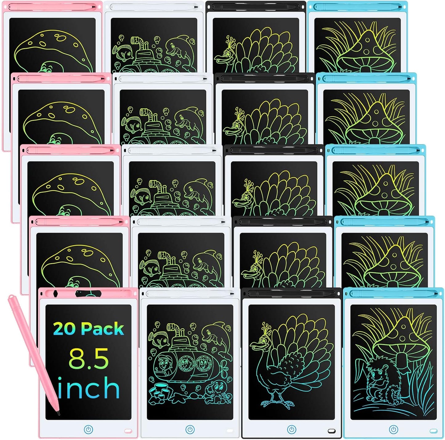 Zhehao 20 Pack LCD Writing Board for Kids, 8.5 Inches Doodle Reusable Screen Drawing Pad Erasable Painting Pads Educational Toy for 3-8 Years(Light Blue, Black, Pink, White)