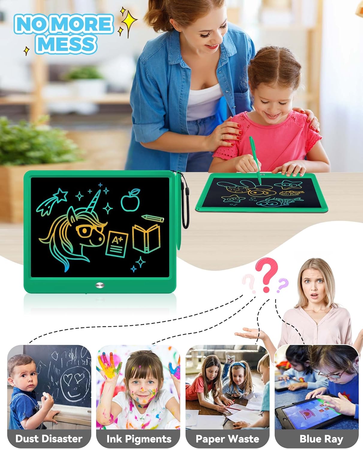 KOKODI 12 Inch LCD Writing Tablet with Anti-Lost Stylus Erasable Doodle Board Colorful Toddler Drawing Pad Car Travel School Games Toys for 3 4 5 6 7 8 Kids Birthday Gift for Girls Boys Adults Green