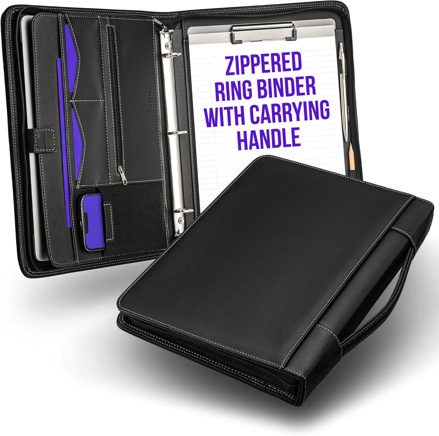 STYLIO Zipper Portfolio with Carrying Handle | Removable 1" 3-Ring Binder w/Clipboard Padfolio | Organizer for Documents, iPad, Tablet, Phone, Notebook | Business Leather Binder for Men Women