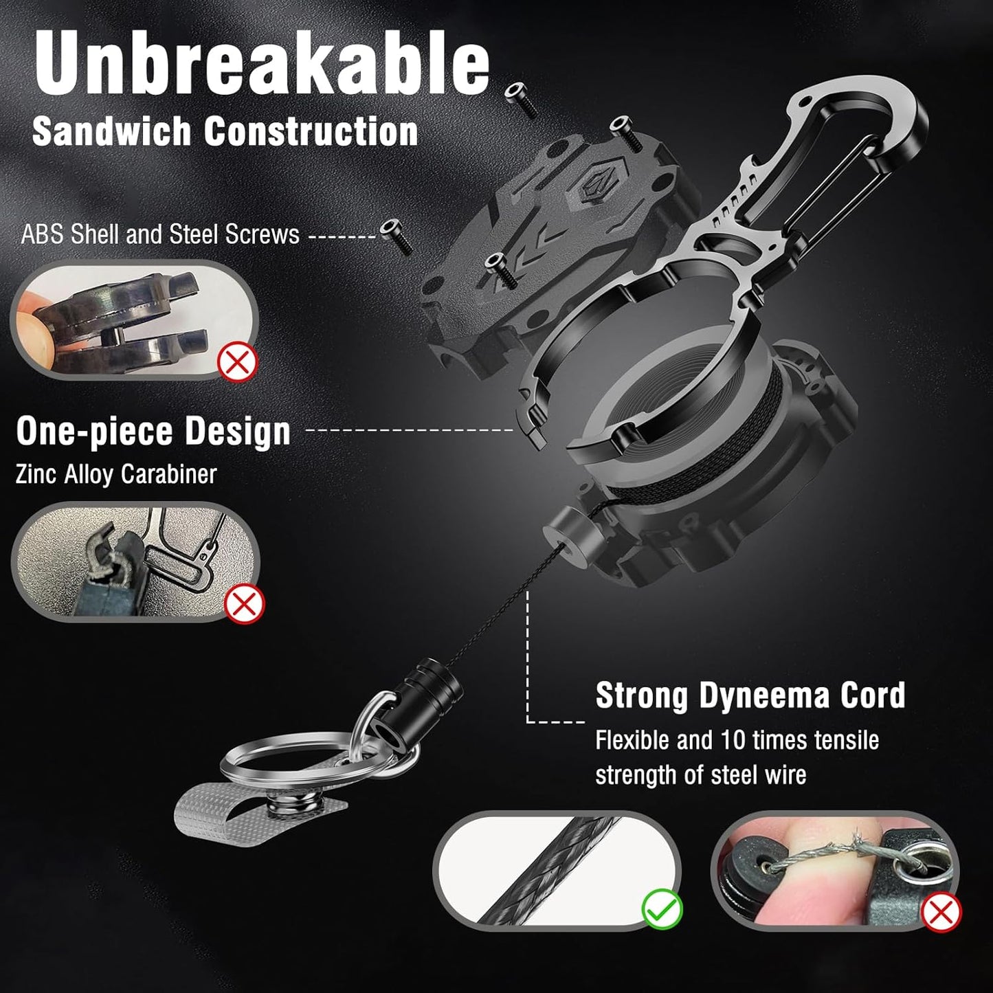 2Pack Heavy Duty Retractable Keychain, Tactical ID Badge Holder Reel Carabiner Clip with Magnetic Closure for Men, Unbreakable Sandwich Construction with 31" Dyneema Cord, Bearing 25oz