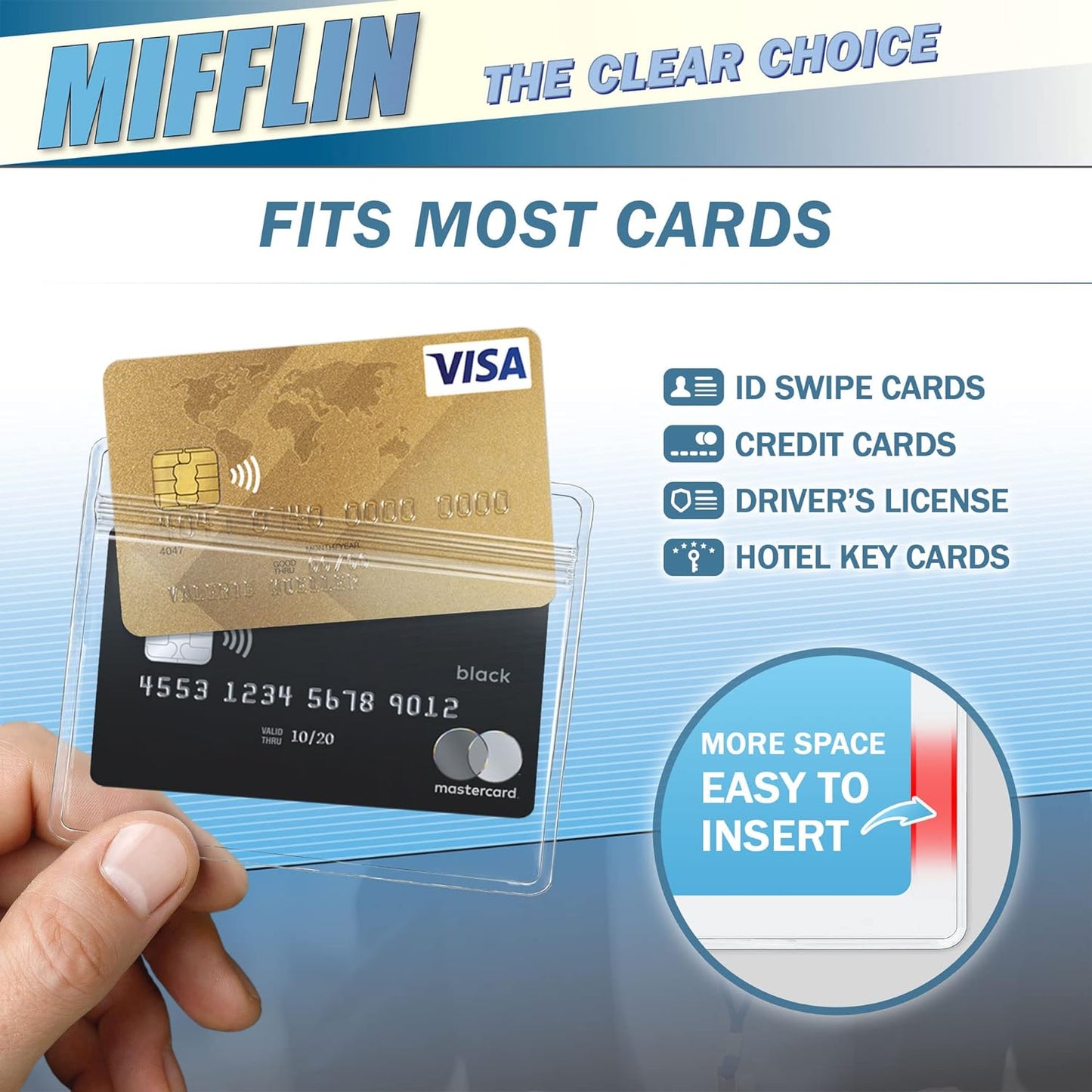 Mifflin-USA Horizontal Plastic Card Holder with Metal Clip and Vinyl Straps (Clear, 3.5x2.25 Inch, 10 Pack), Waterproof PVC ID Name Badge Holder with Clip