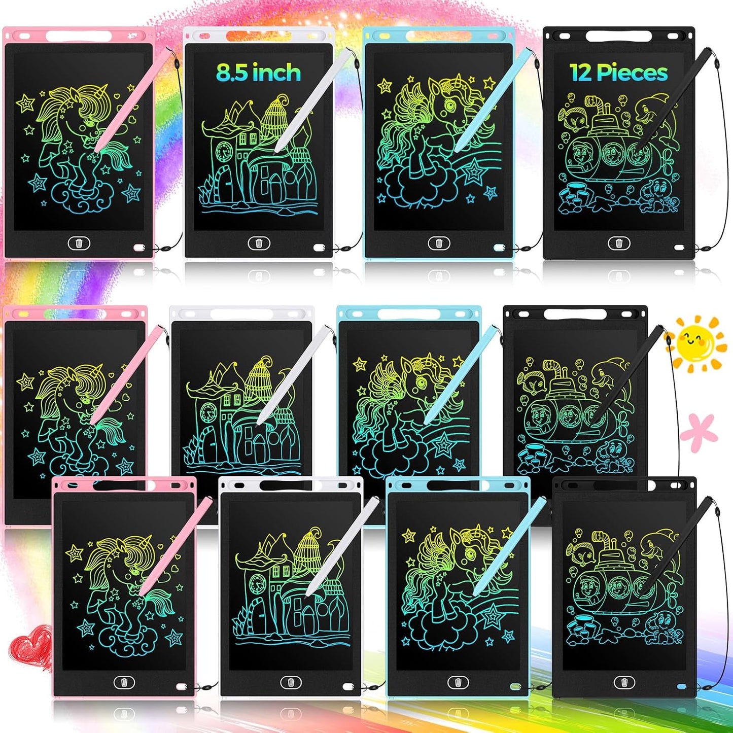 Tinlade 12 Pack LCD Writing Drawing Tablets 8.5 Inch Bulk Colorful Doodle Board Erasable Electronic Painting Drawing Pads Learning Toy Gifts for Kids Christmas School(Pink, Light Blue, White, Black)