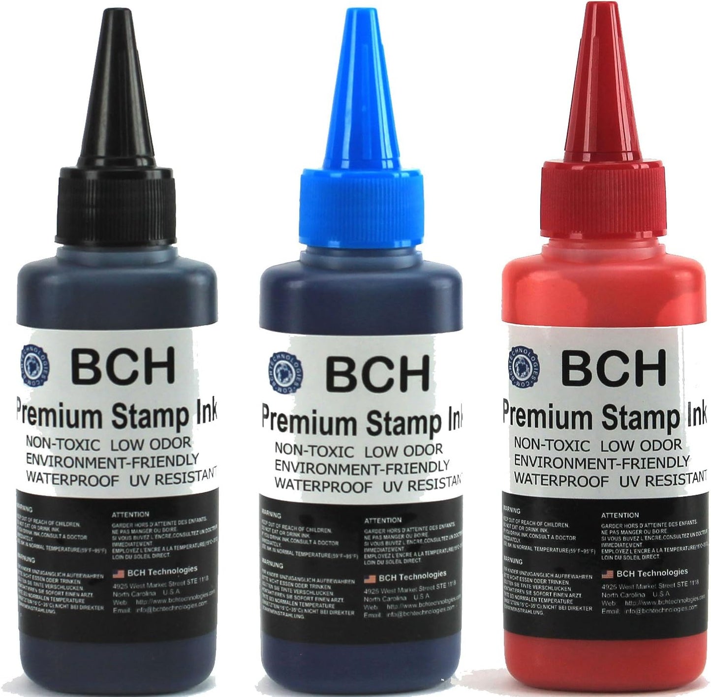 BCH Premium Stamp Ink Refill â Black, Blue & Red Ink Colors â Long-Lasting, Quick-Drying, Waterproof Ink Refill for Rubber & Self-Inking Stamps â 75 ml Each Bottle (225 ml Total)