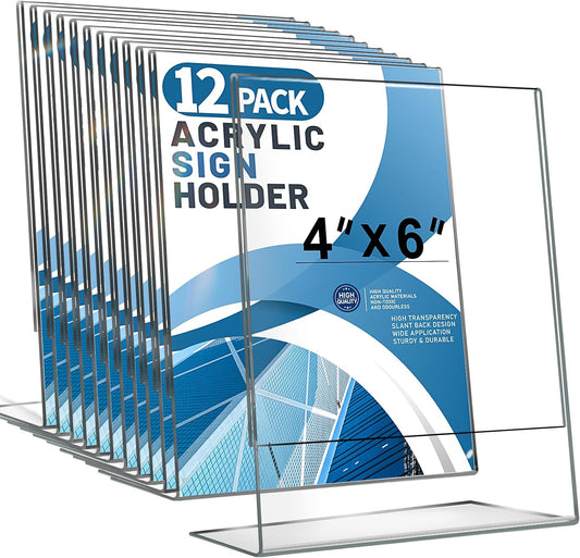 Aheroi 12Pcs Acrylic Sign Holder, 4x6 Clear Sign holders Paper Stand, L-shape Table Sign Holders Plastic Sign Holder Standing, Paper Display Stand for Menu Document Holder Office Desktop