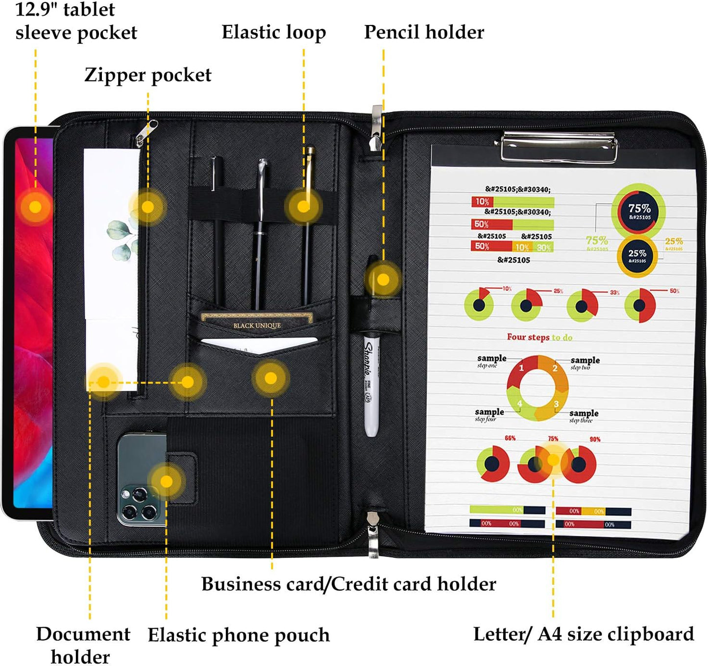 ProCase Portfolio Business Padfolio Folder with Zipper, Conference Meeting Executive File Legal Document Organizer with Pockets Letter Size A4 Writing Pad Notepad Padfolio -Black