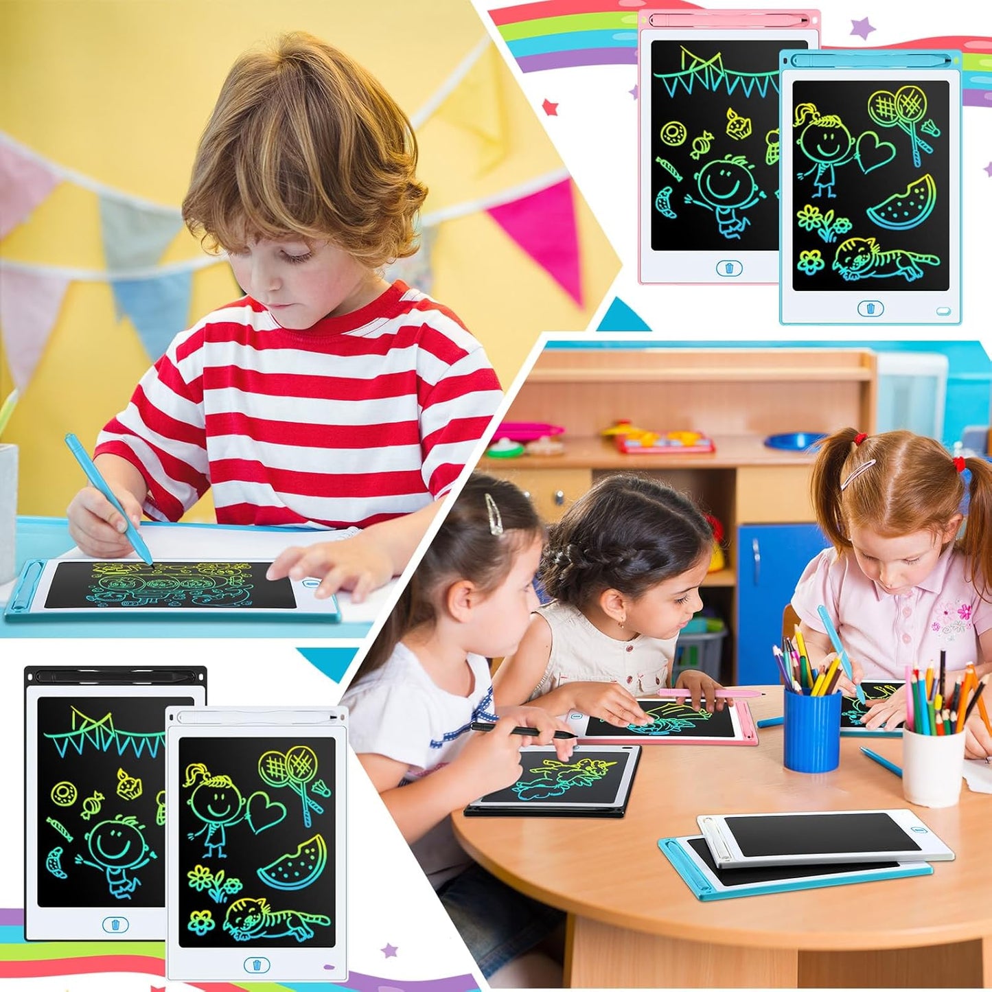 Tinlade 12 Pack LCD Writing Drawing Tablets 8.5 Inch Bulk Colorful Doodle Board Erasable Electronic Painting Drawing Pads Learning Toy Gifts for Kids Christmas School(Pink, Blue, White, Black)