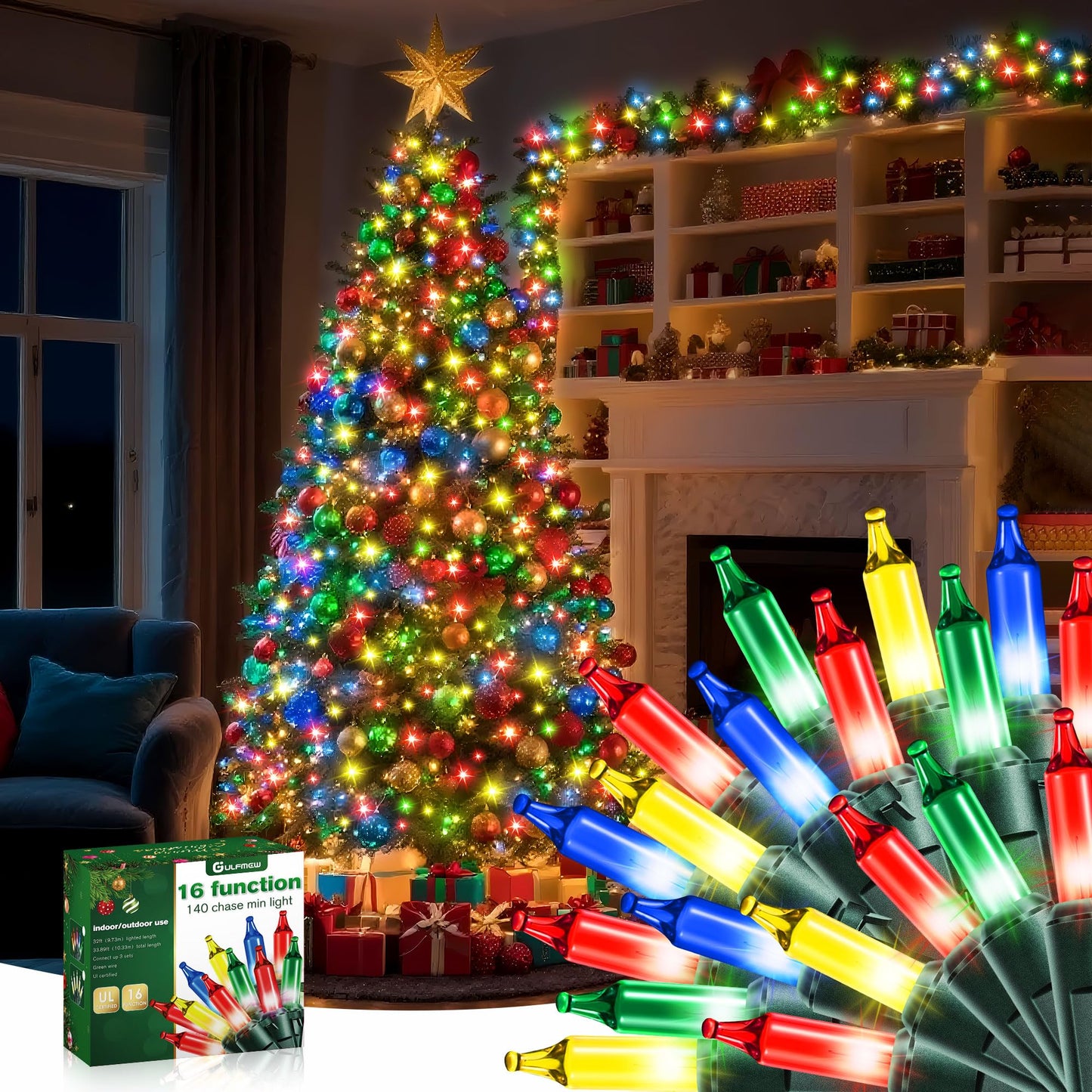 Gulfmew Christmas Lights - 16 Function Controller, 140 Mini Bulbs, 34 ft, Multicolor, Indoor Twinkling, UL Certified, IP44 Waterproof