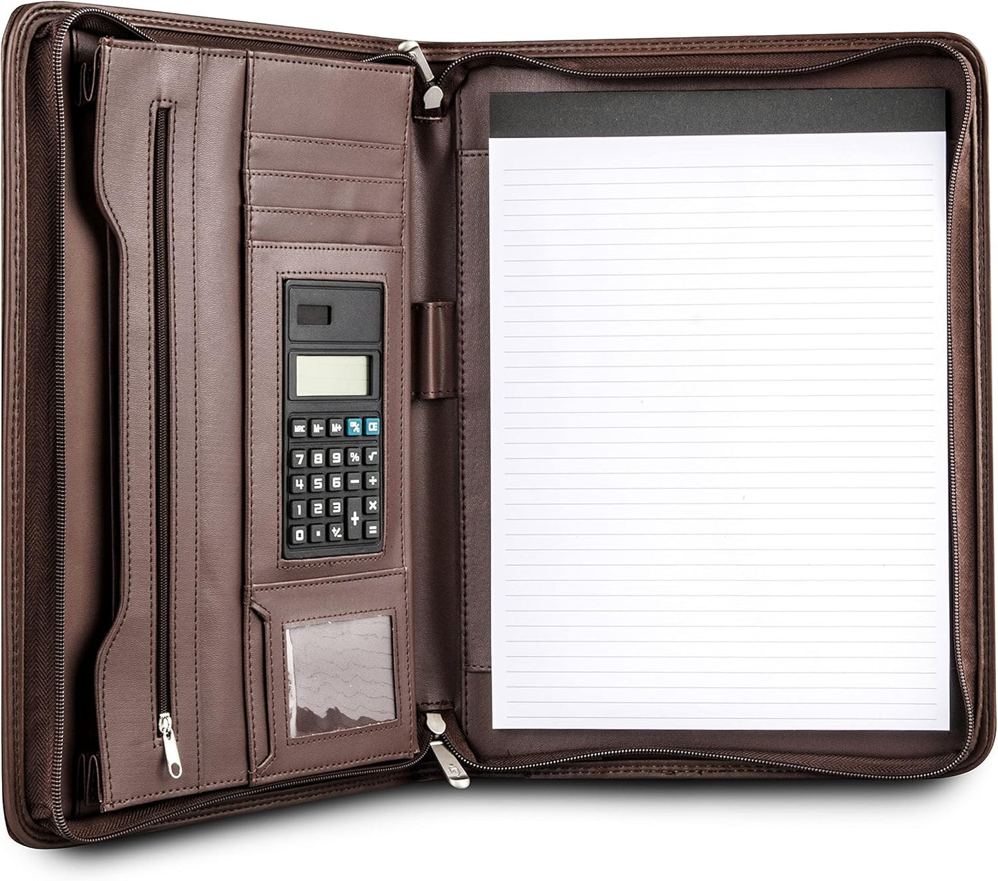Cossini Premium Business Portfolio with Zipper – Padfolio - Superior Business Impressions Begin with PU Vegan Leather, 10.1 Inch Tablet Sleeve, Smart Storage, Solar Calculator, Writing Pad -Brown
